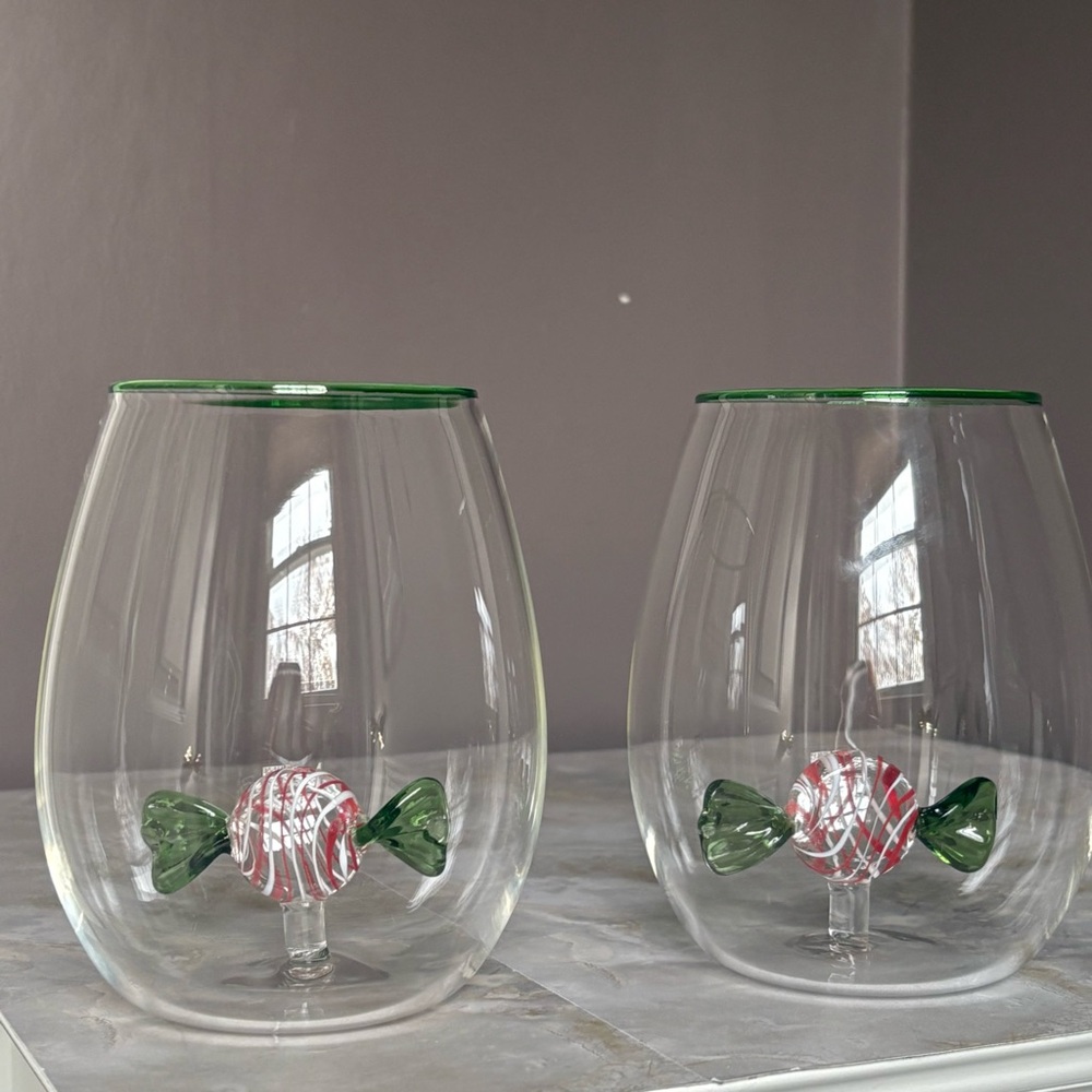 Set of Two Green and Red Candy Stemless Wine Glasses